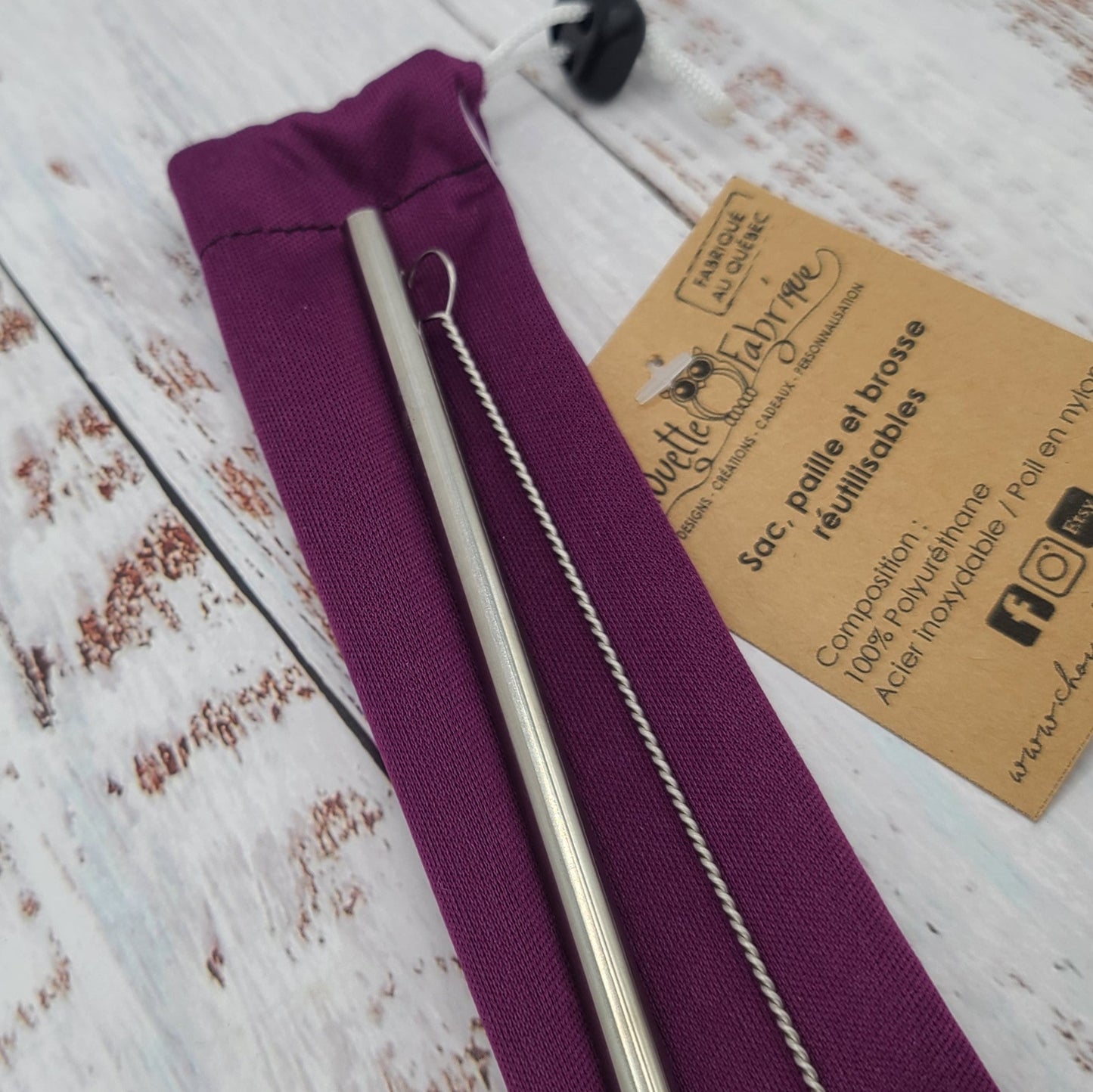 Ensemble "Paille, brosse et pochette de rangement" - Réutilisable, lavable et imperméable - Bourgogne