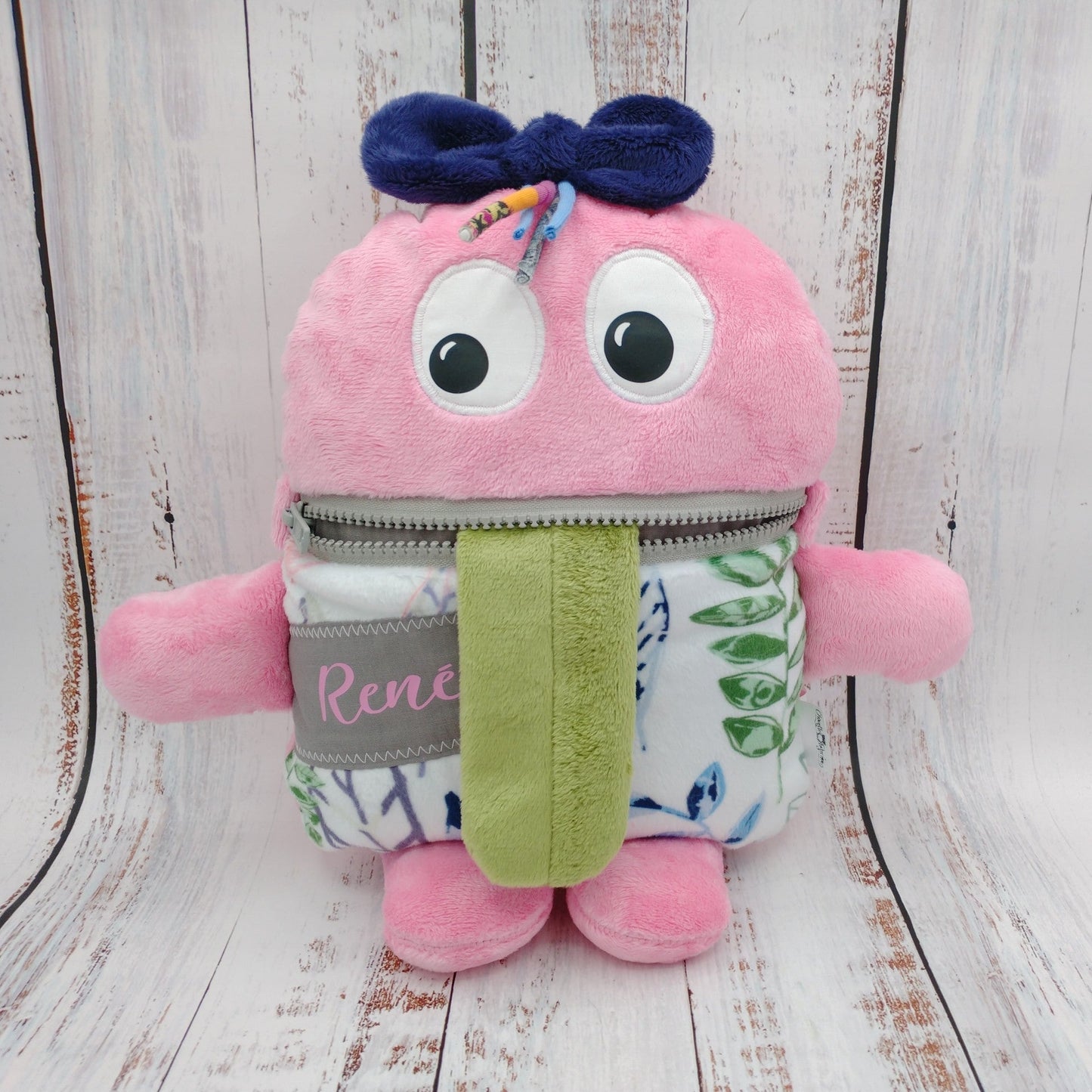 Toutou monstre mangeur de peurs, secrets, etc. - Feuillage Vert Violet et Rose - Personnalisé au prénom de l'enfant
