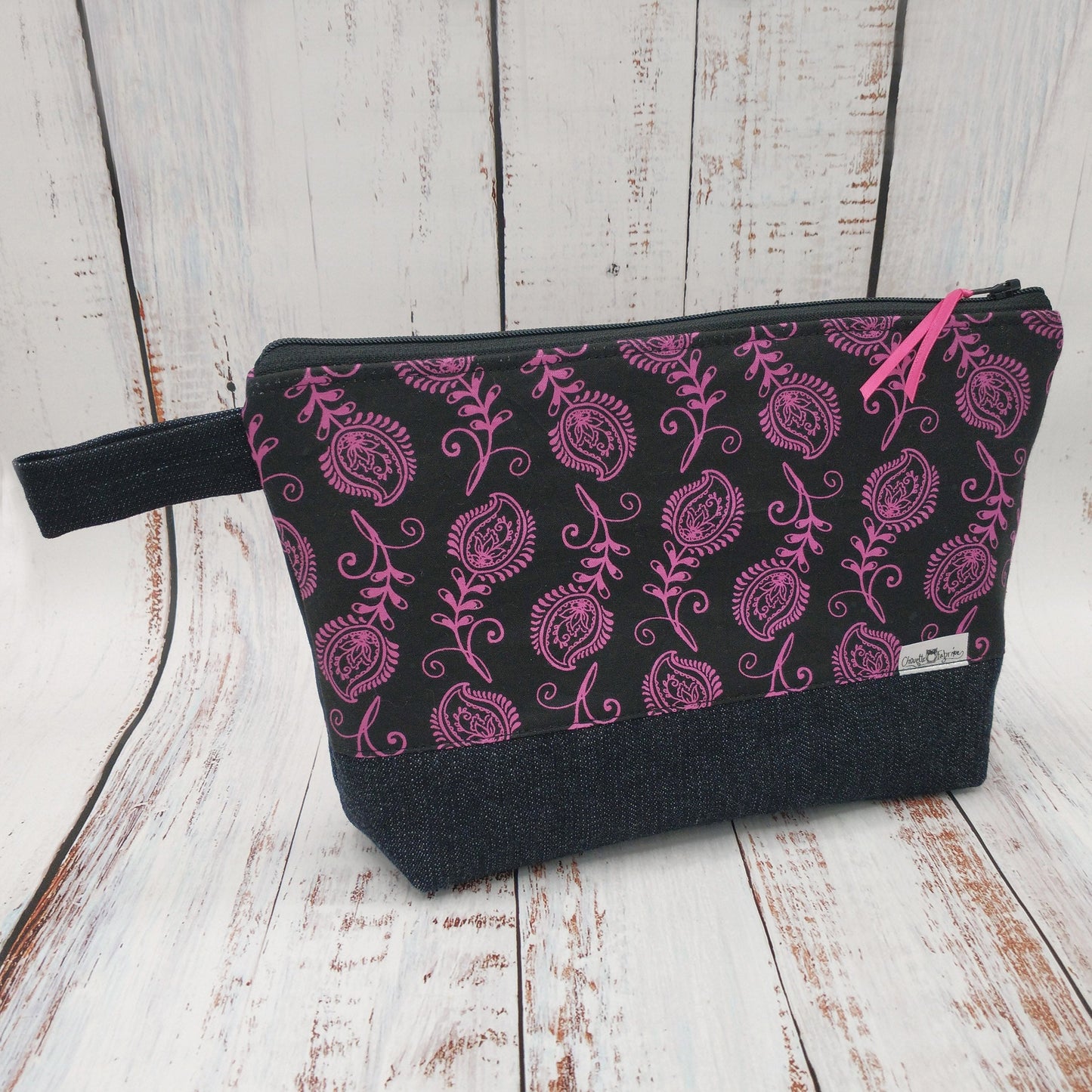 Trousse de voyage - Sac à cosmétiques/maquillage - Étui à crayons - Motifs Fleurs - Noir et Fuchsia/Violet