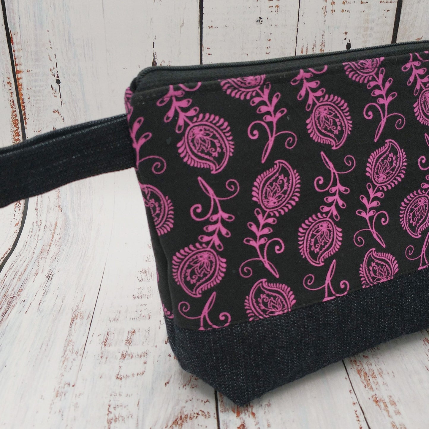 Trousse de voyage - Sac à cosmétiques/maquillage - Étui à crayons - Motifs Fleurs - Noir et Fuchsia/Violet