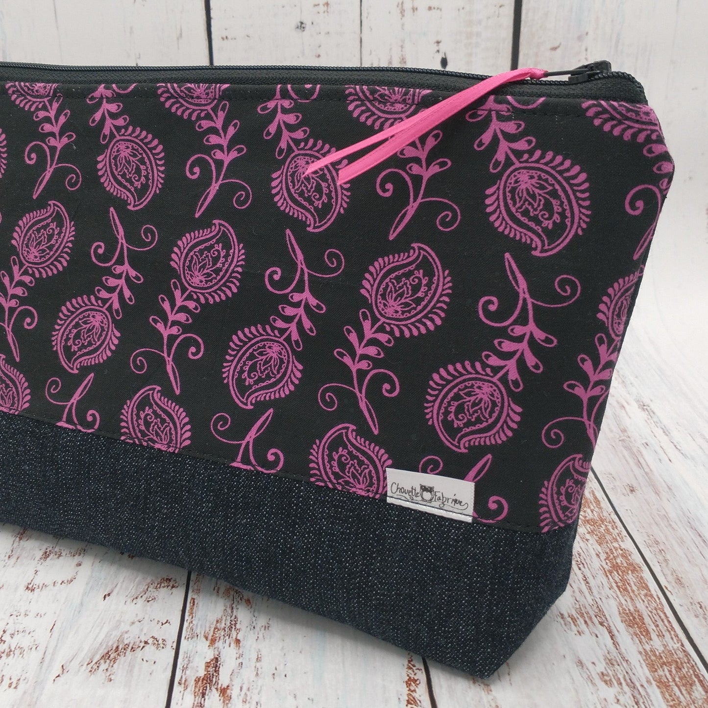 Trousse de voyage - Sac à cosmétiques/maquillage - Étui à crayons - Motifs Fleurs - Noir et Fuchsia/Violet