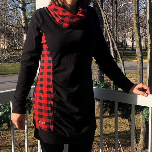 Tunique avec col - Femme - Adulte - Jersey - Carreaux Noirs et Rouges Style Bûcheron