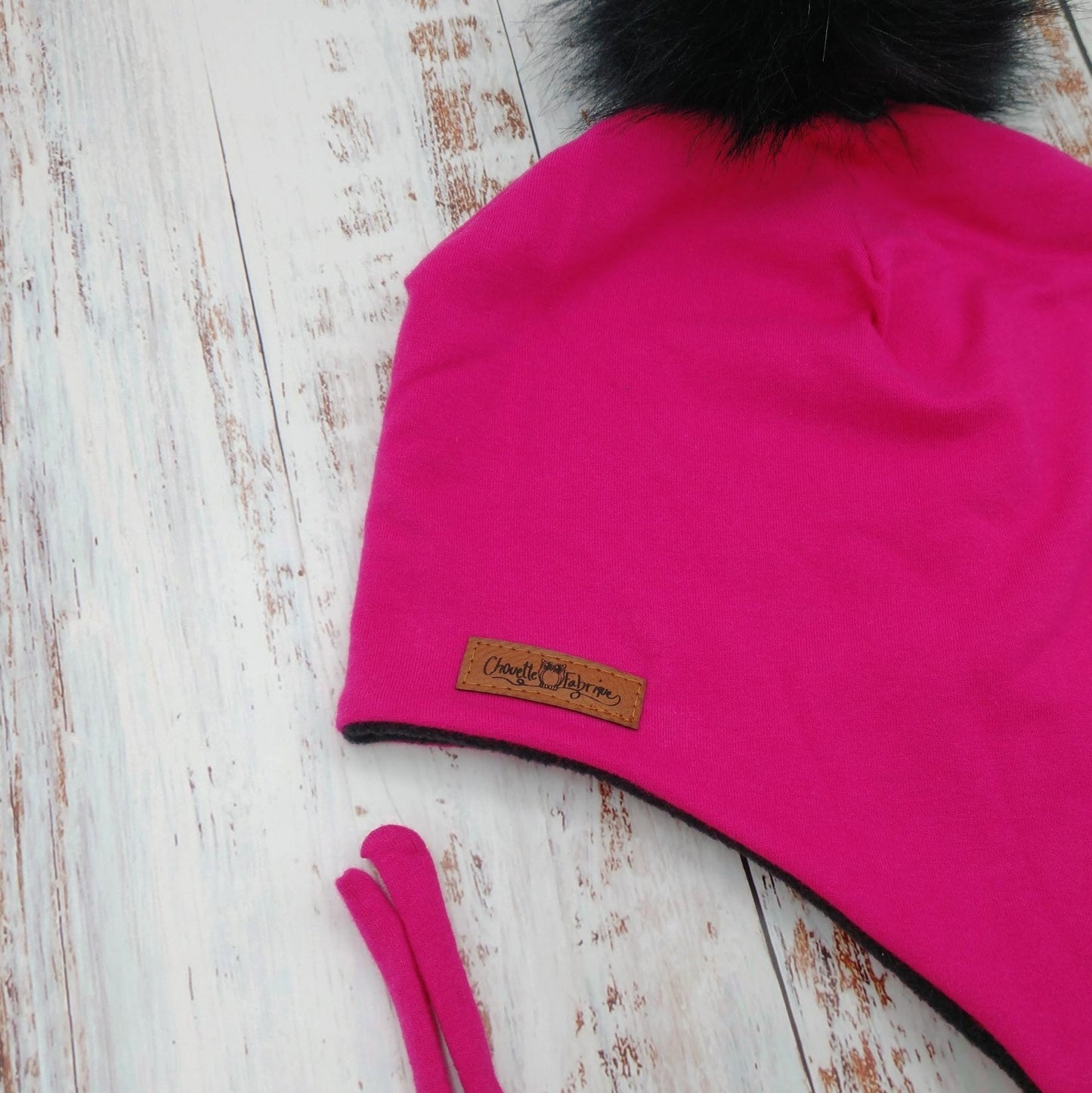 ENFANT - Tuque Printemps/Automne (JERSEY) avec Cordons Pompon amovible - UNIE - Fuchsia