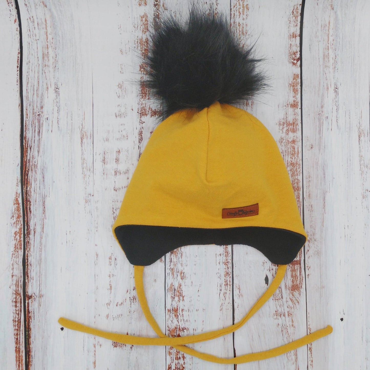 ENFANT - Tuque Hiver (POLAR) avec Cordons Pompon amovible - Moutarde