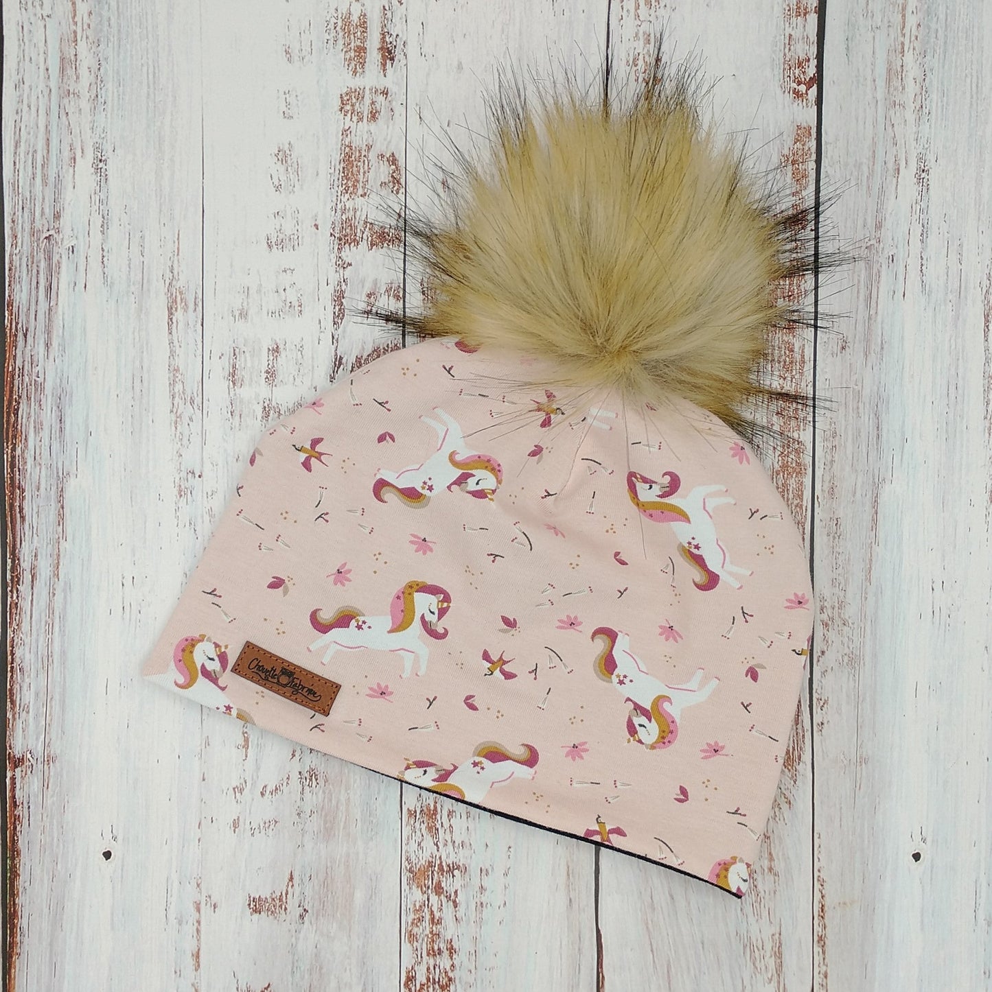 ENFANT - Tuque Printemps/Automne (JERSEY) Pompon amovible - Licornes sur fond rose pâle
