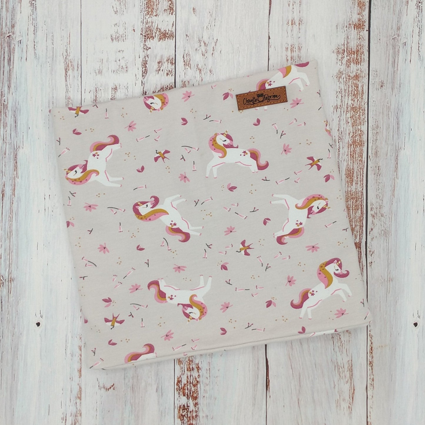 ENFANT - Cache-Cou (JERSEY) Printemps/Automne – Licornes sur fond gris/taupe