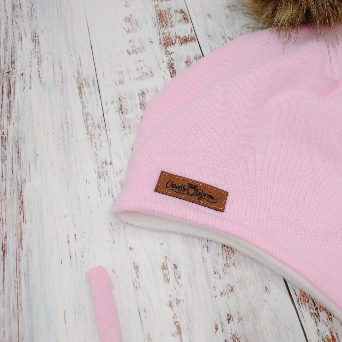ENFANT - Tuque Hiver (POLAR) avec Cordons Pompon amovible - Rose pâle