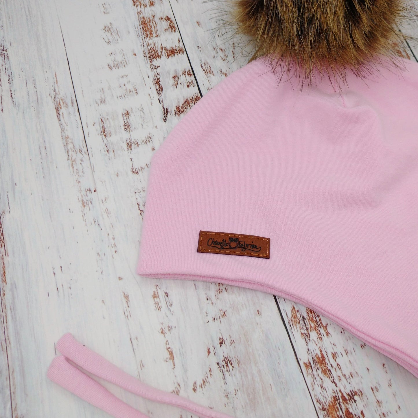 ENFANT - Tuque Printemps/Automne (JERSEY) avec Cordons Pompon amovible - UNIE - Rose pâle