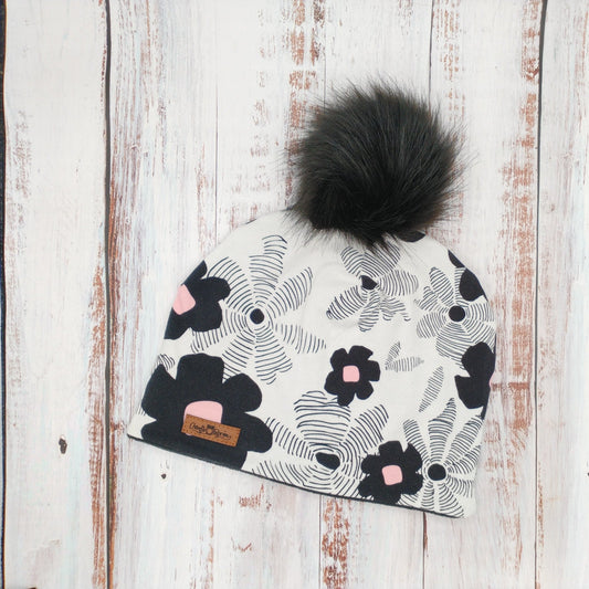 ADULTE - Tuque Hiver (POLAR) Pompon amovible - Fleurs Noires Roses sur fond Blanc