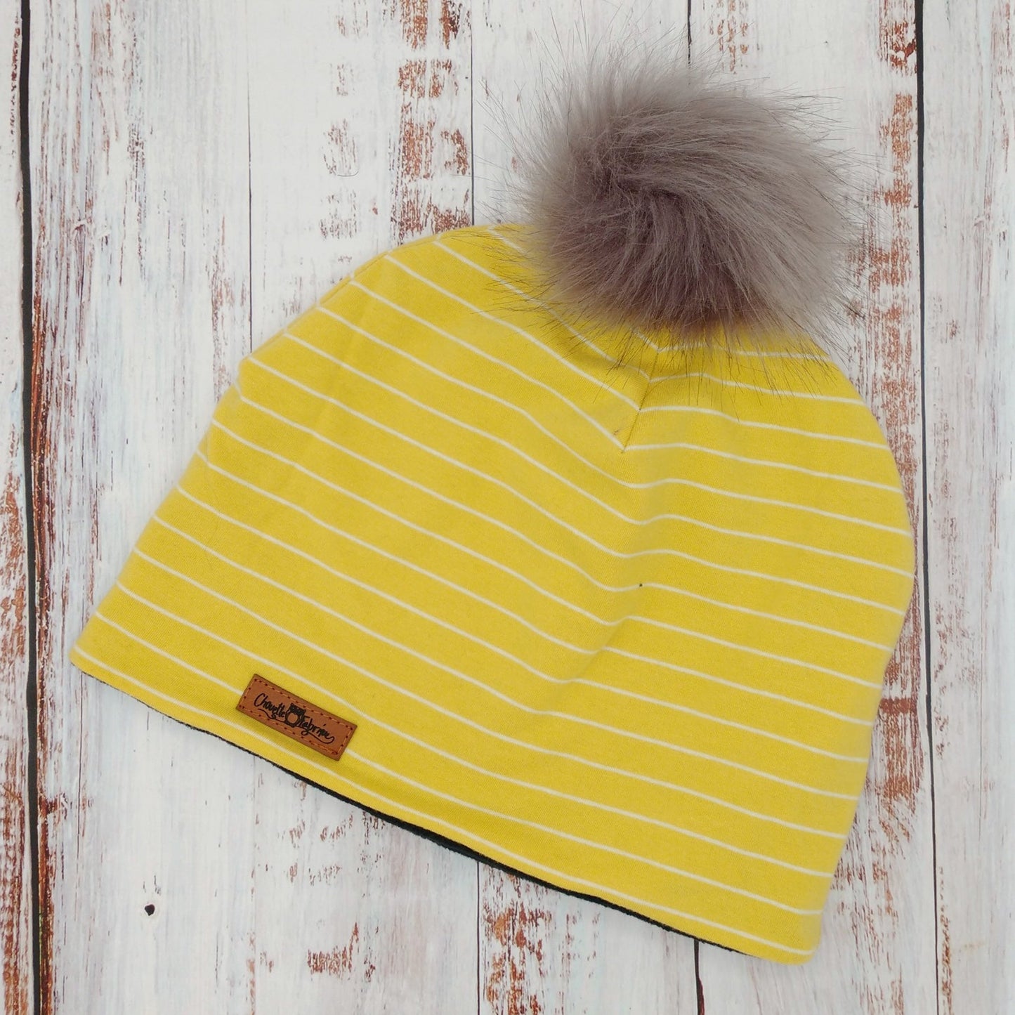 Tuque Printemps/Automne (JERSEY) Pompon amovible - Jaune - Lignes blanches