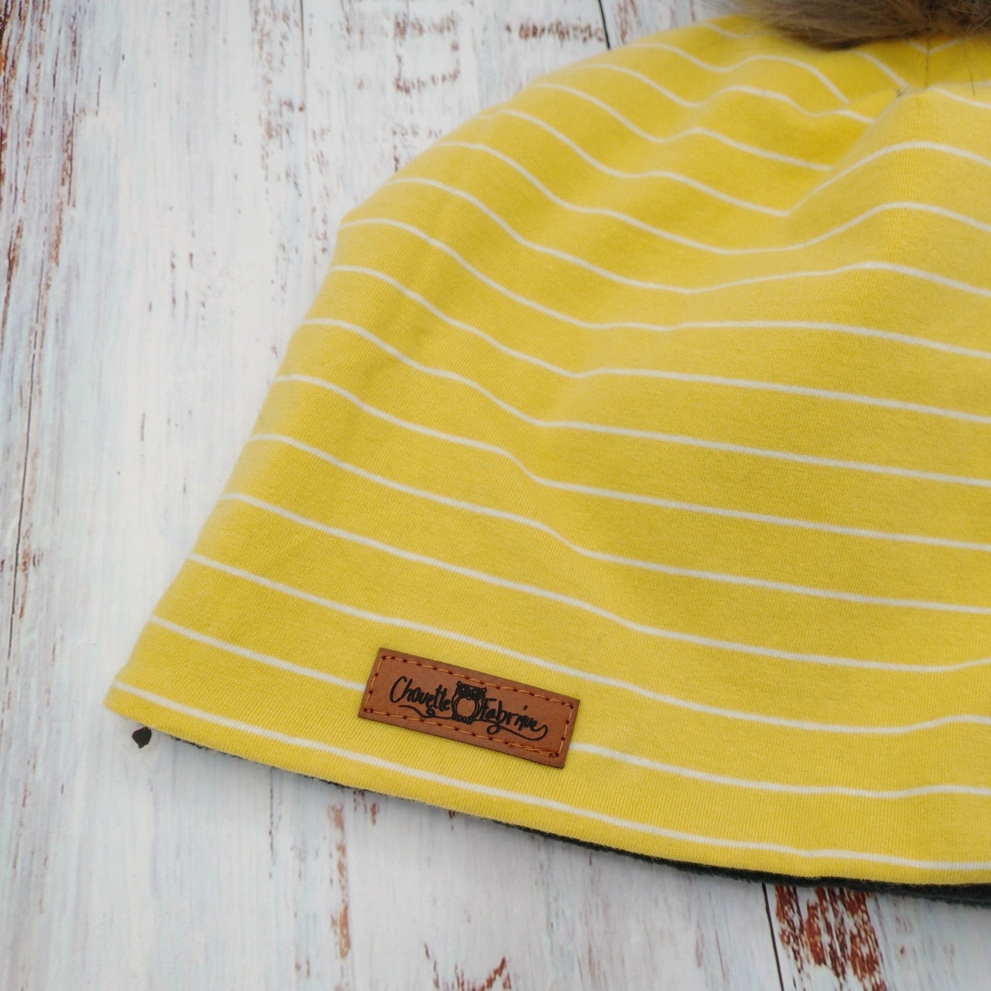 Tuque Printemps/Automne (JERSEY) Pompon amovible - Jaune - Lignes blanches