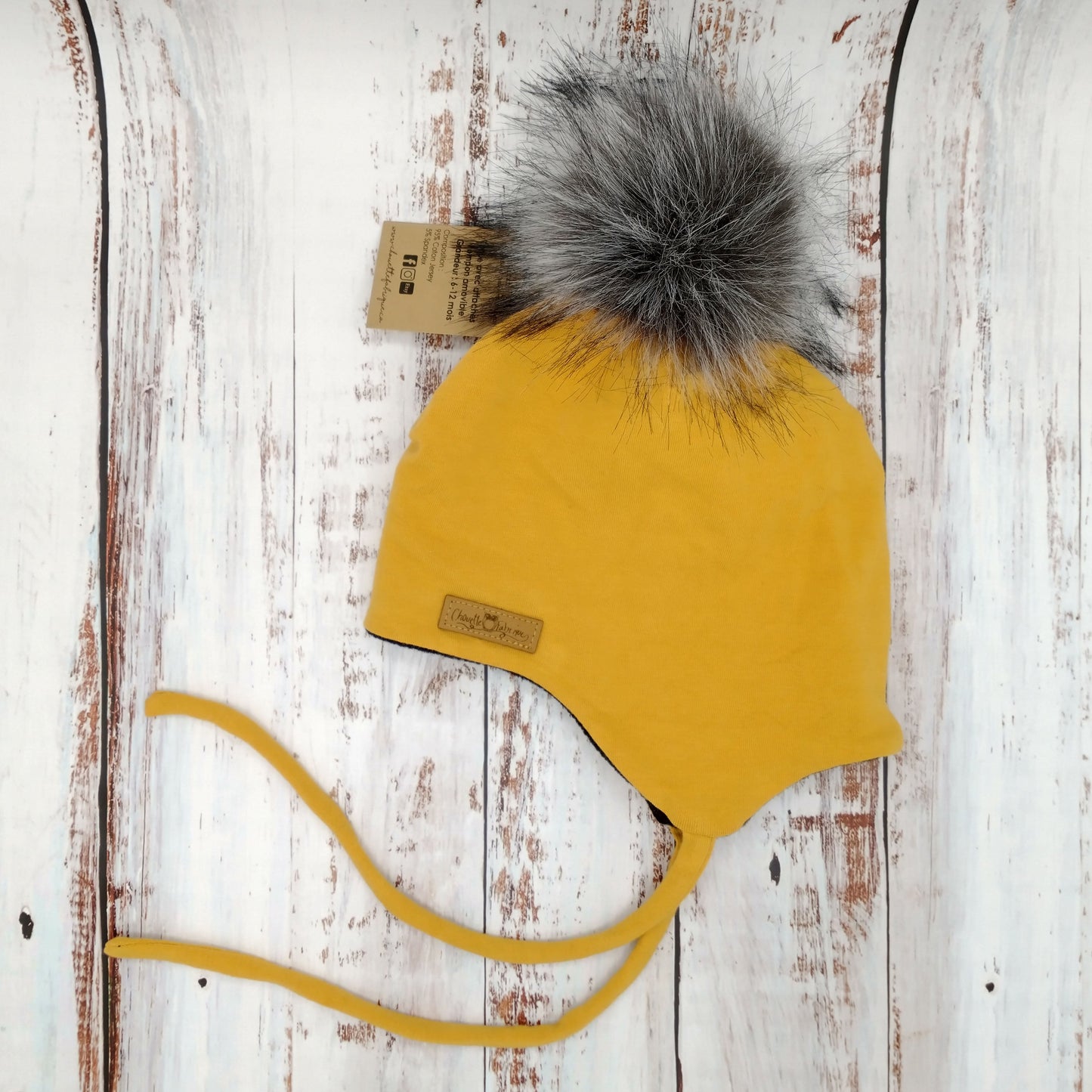 ADULTE - Tuque Printemps/Automne (JERSEY) avec Cordons Pompon amovible - UNIE - Moutarde