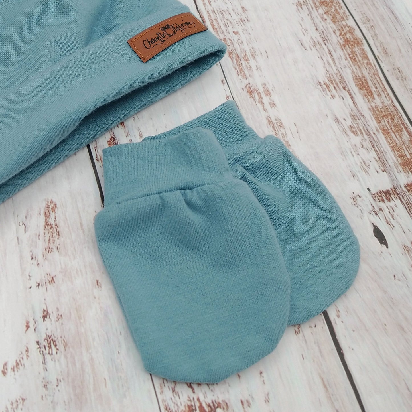 Ensemble de naissance pour bébé - Tuque (2 nœuds) et mitaines pour nouveau-né ou 0-3 mois - Bleu acier
