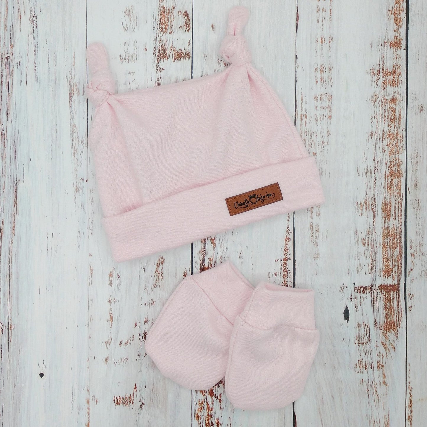 Ensemble de naissance pour bébé - Tuque (2 nœuds) et mitaines pour nouveau-né ou 0-3 mois - Rose pâle