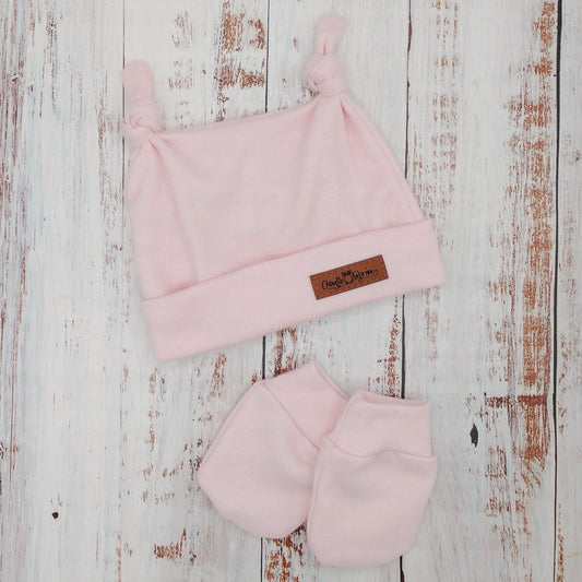 Ensemble de naissance pour bébé - Tuque (2 nœuds) et mitaines pour nouveau-né ou 0-3 mois - Rose pâle