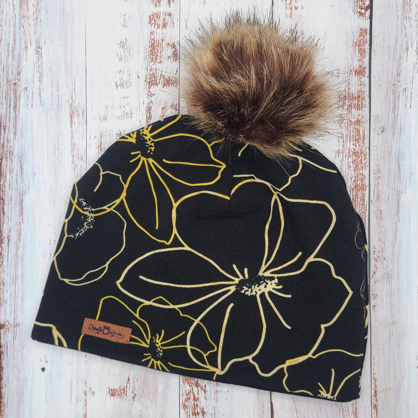 Tuque Printemps/Automne (JERSEY) Pompon amovible - Noire - Fleurs Jaunes
