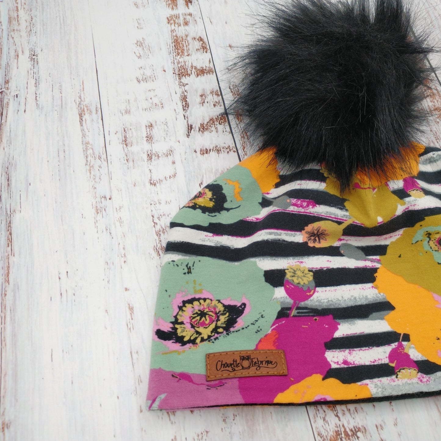 ENFANT - Tuque Printemps/Automne (JERSEY) Pompon amovible - Fleurs & Lignes Marine