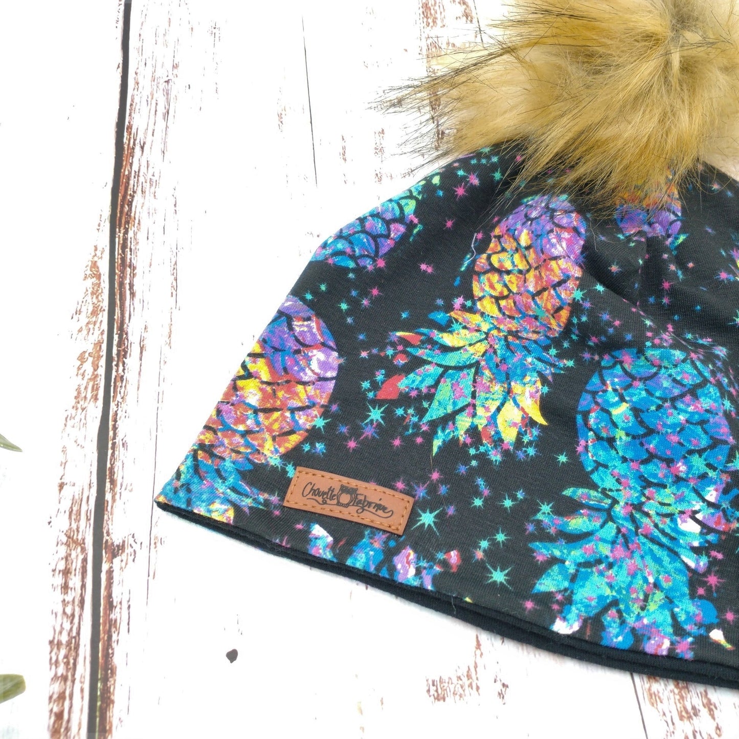 ENFANT - Tuque Printemps/Automne (JERSEY) Pompon amovible - Ananas - Fond noir
