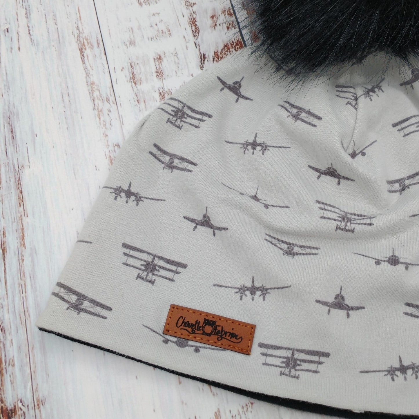ENFANT - Tuque Printemps/Automne (JERSEY) Pompon amovible - Avions grises - Pewter