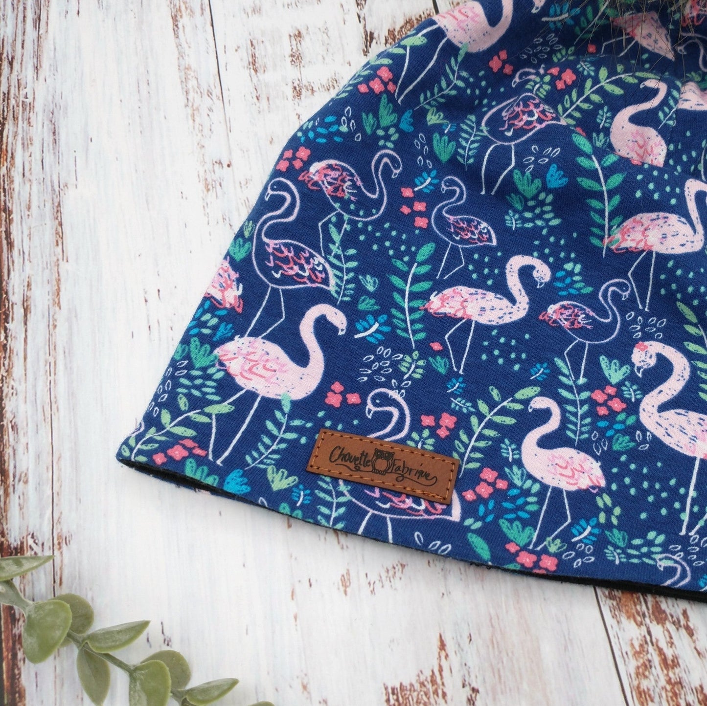 ENFANT - Tuque Printemps/Automne (JERSEY) Pompon amovible - Marine - Flamants roses