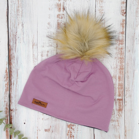 ADULTE - Tuque Printemps/Automne (JERSEY) Pompon amovible - UNIE - Vieux lilas