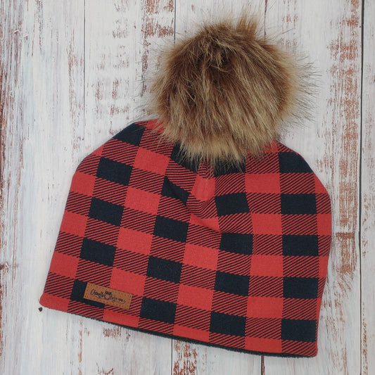 ADULTE - Tuque Hiver (POLAR) Pompon amovible - Carreaux Rouges et Noirs - Bûcheron