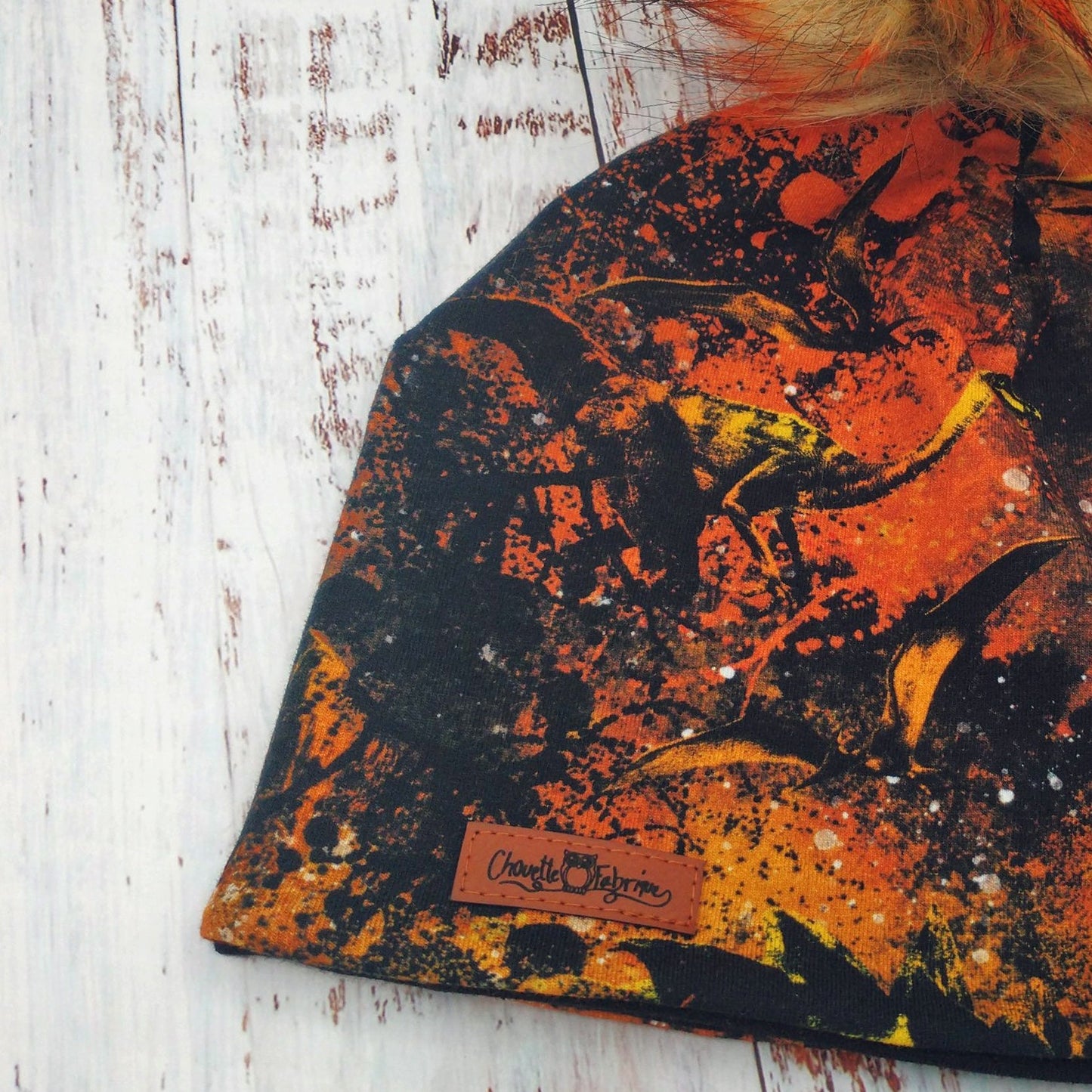 ENFANT - Tuque Printemps/Automne (JERSEY) Pompon amovible - Dinosaures - Orange et noir