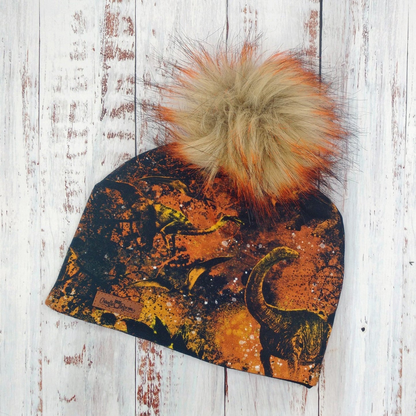 Tuque Hiver (POLAR) Pompon amovible - Dinosaures - Orange et noir