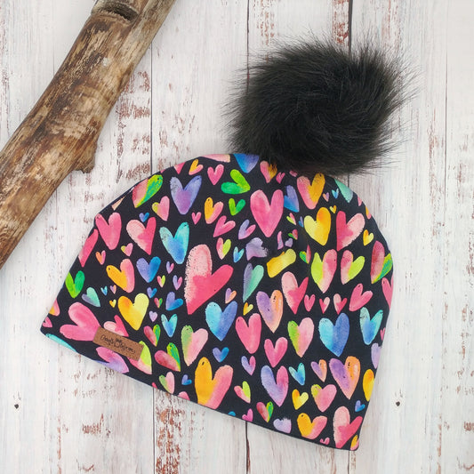 ADULTE - Tuque Hiver (POLAR) Pompon amovible - Cœurs