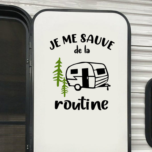 Décalque de vinyle - VR - JE ME SAUVE DE LA ROUTINE - ROULOTTE (coeur) (PLUSIEURS FORMATS) (Copie)