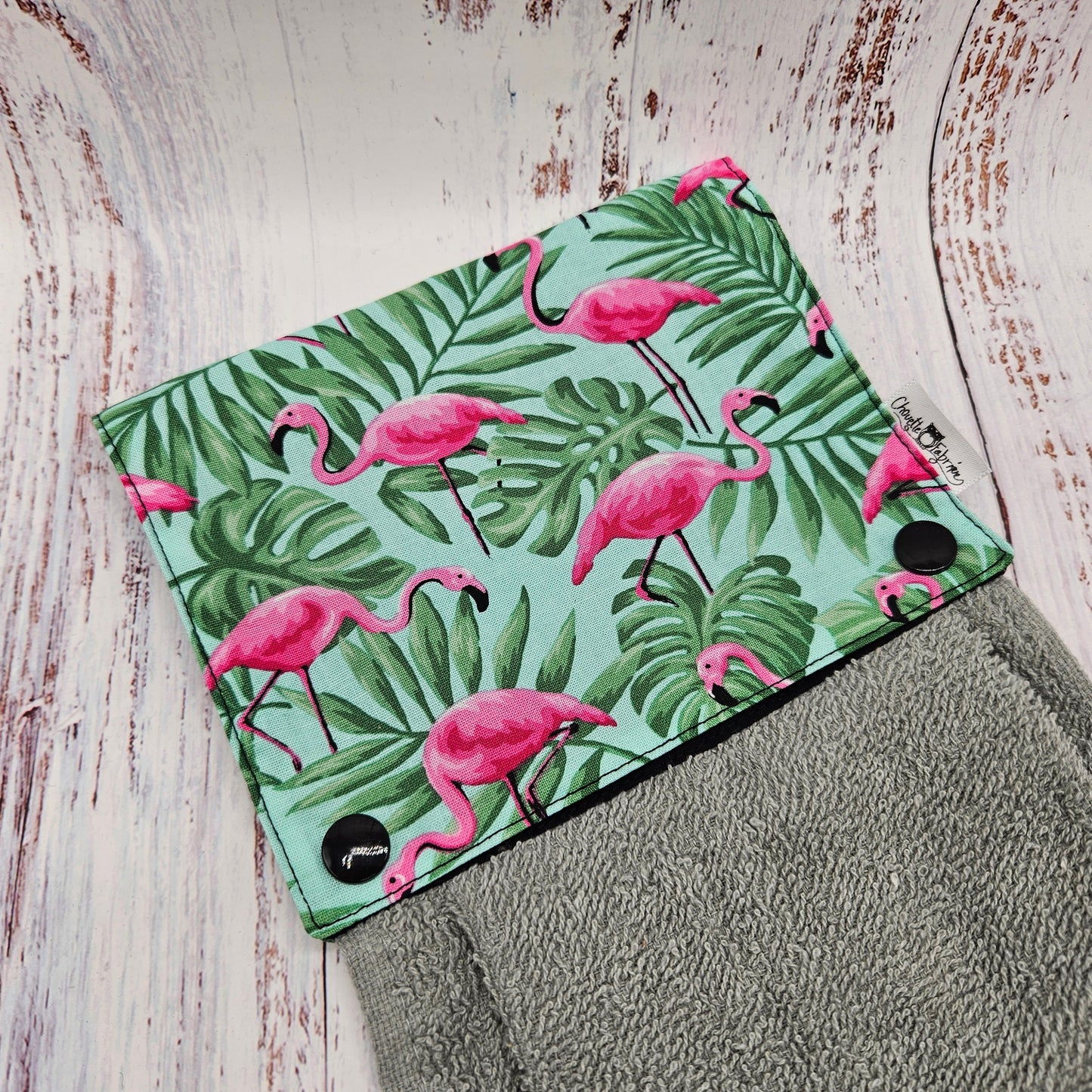 Essuie-mains - Serviette à mains - Cuisine/VR(Camping) - Serviette grise - Flamants roses & Feuillage vert