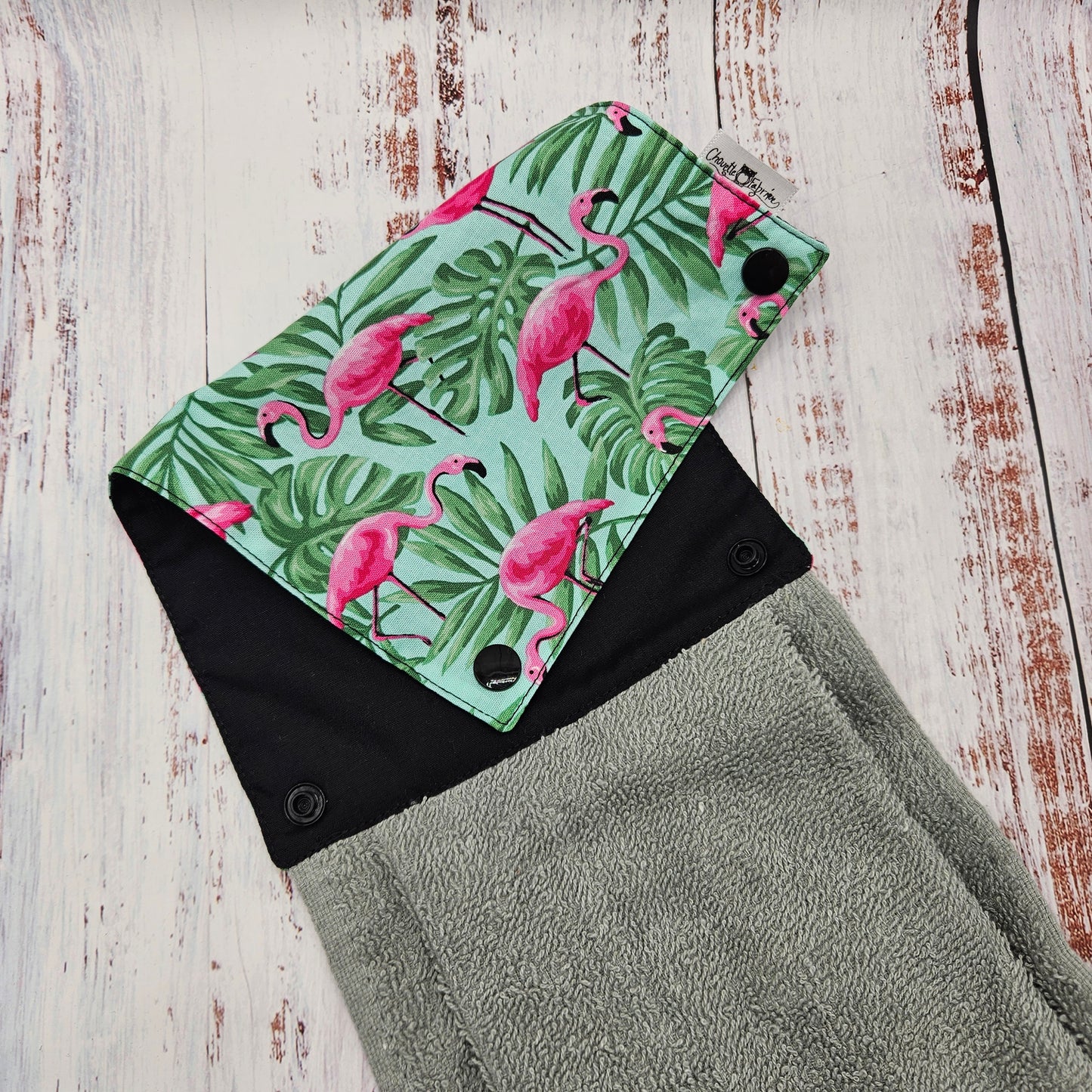 Essuie-mains - Serviette à mains - Cuisine/VR(Camping) - Serviette grise - Flamants roses & Feuillage vert