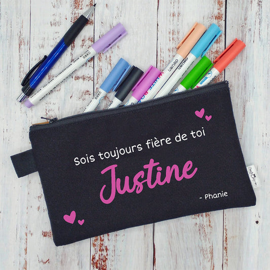 (CHOIX COULEURS) Étui à crayons - Sois toujours fier/fière de toi - NOM - Coeur - Signature V2