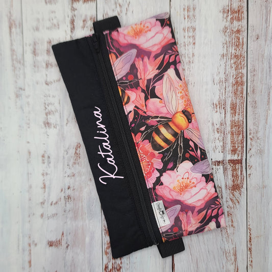 Étuis à crayons à élastique marque-page - Signet - Pour agenda, livres, etc. - Abeilles & Fleurs roses