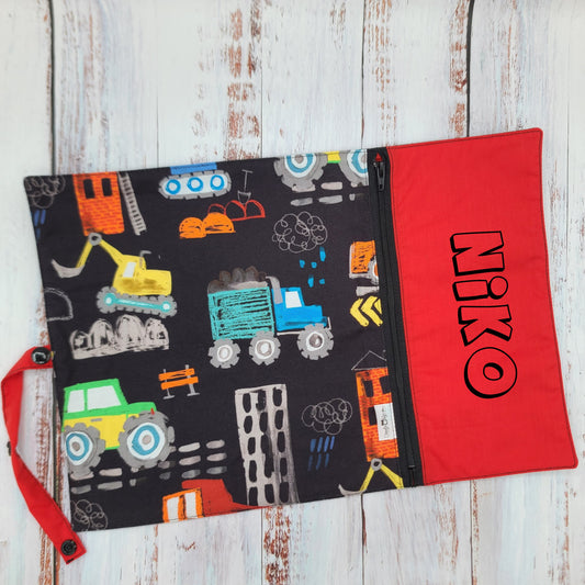 Napperon personnalise (Couleur d'impression au choix) - Véhicules - Camions de chantier (COULEURS) - Pochette rouge