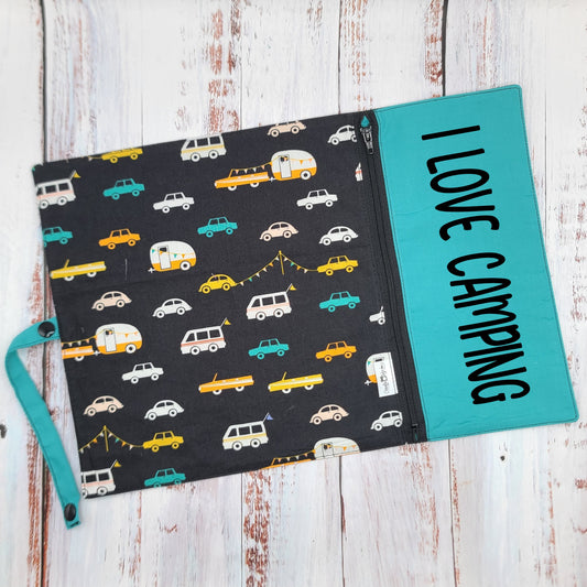 Napperon personnalise (Couleur d'impression au choix) - Camping - Roulottes Anciennes/Vintages - Pochette turquoise