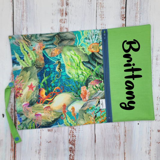 Napperon personnalise (Couleur d'impression au choix) - Animaux - Fonds marins - Pochette verte