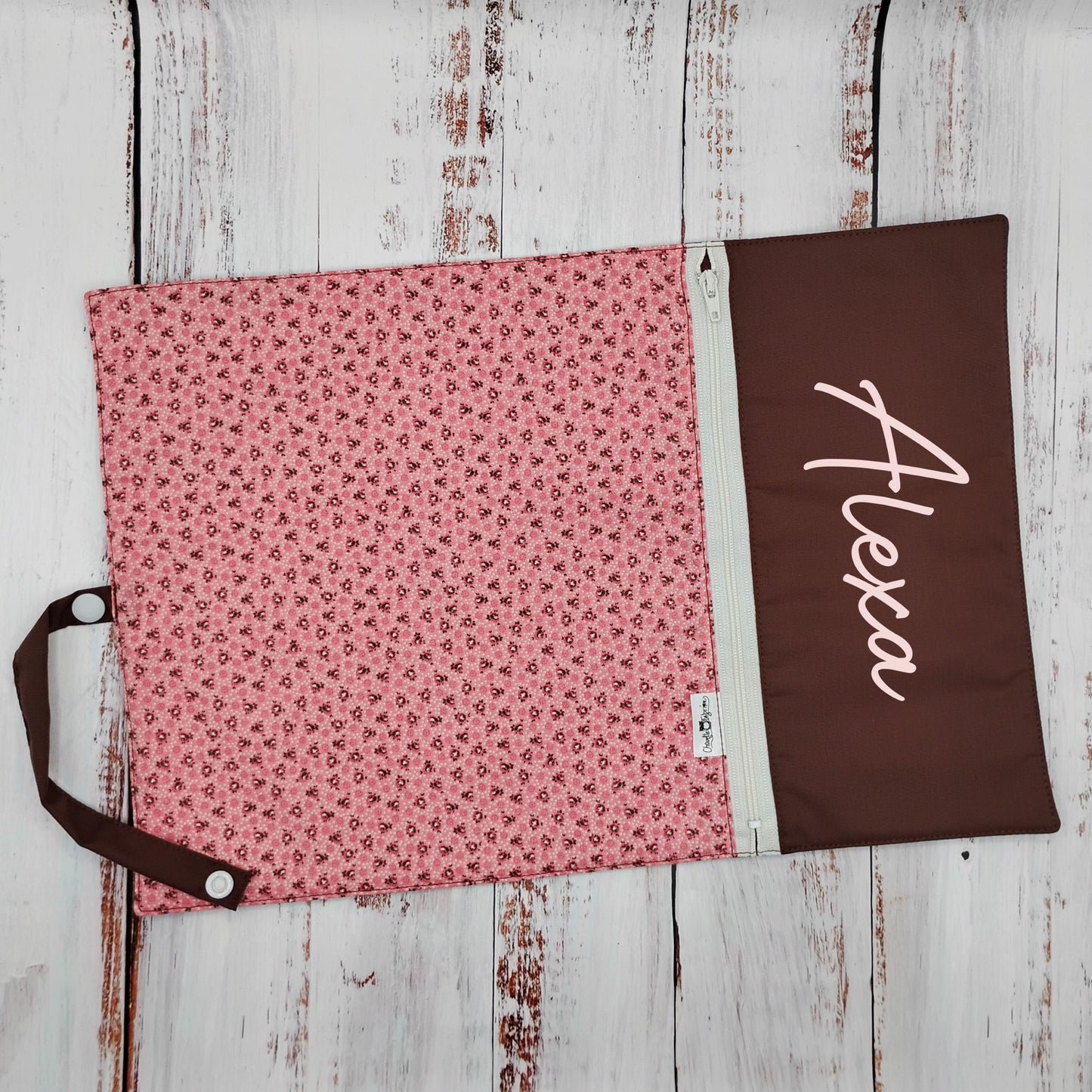 Napperon personnalise (Couleur d'impression au choix) - Mini Fleurs Rose antique - Pochette brune