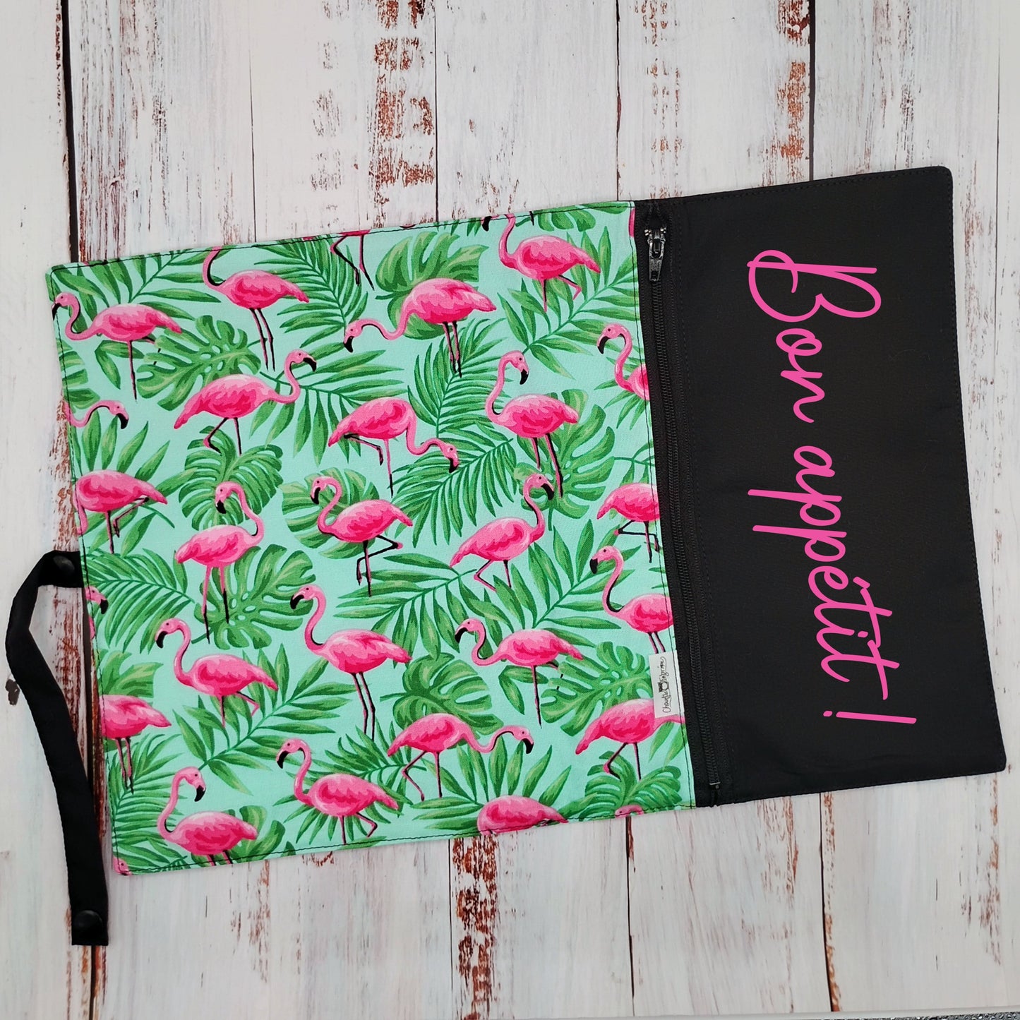 Napperon personnalise (Couleur d'impression au choix) - Flamants roses et feuillages verts - Pochette noire