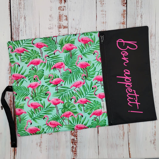 Napperon personnalise (Couleur d'impression au choix) - Flamants roses et feuillages verts - Pochette noire