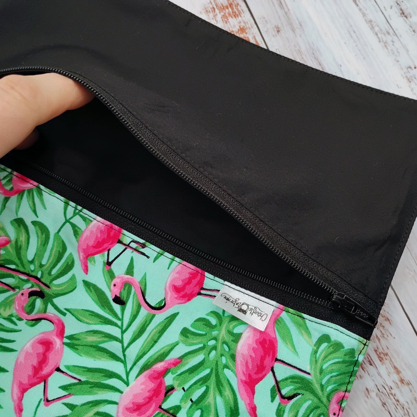 Napperon personnalise (Couleur d'impression au choix) - Flamants roses et feuillages verts - Pochette noire