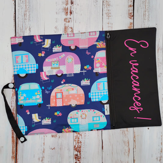 Napperon personnalise (Couleur d'impression au choix) - Camping - Roulottes Anciennes/Vintages (Aqua, Corail, Lilas, etc) - Pochette noire