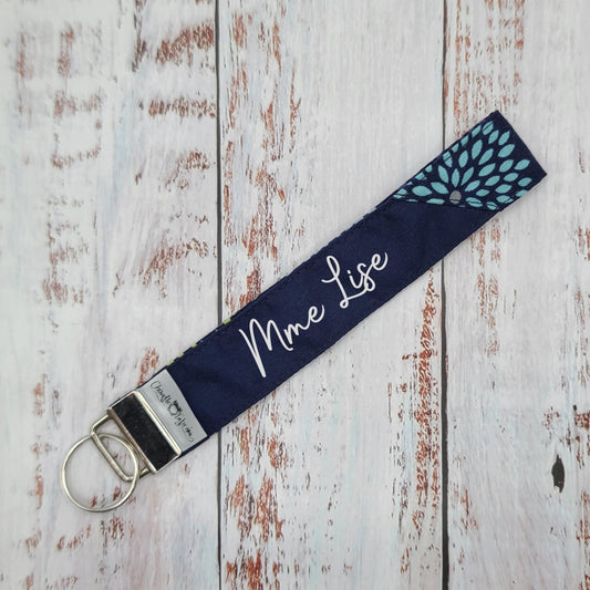 Porte-clé - PERSONNALISÉ - Dragonne - Poignet - Fleurs marine, ciel et lime - Bande marine
