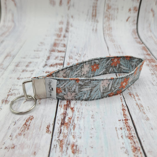 Porte-clé - Dragonne - Poignet - Fleurs orangées, poudre et taupe (Sans impression, motifs tout le tour)