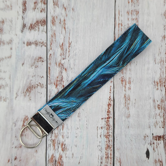 Porte-clé - Dragonne - Poignet - Plumes bleue (Sans impression, motifs tout le tour)