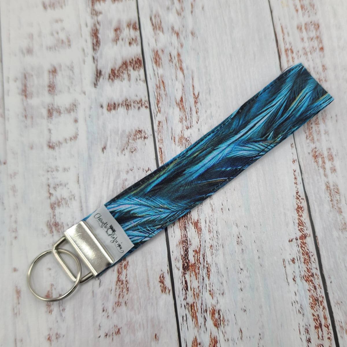 Porte-clé - Dragonne - Poignet - Plumes bleue (Sans impression, motifs tout le tour)