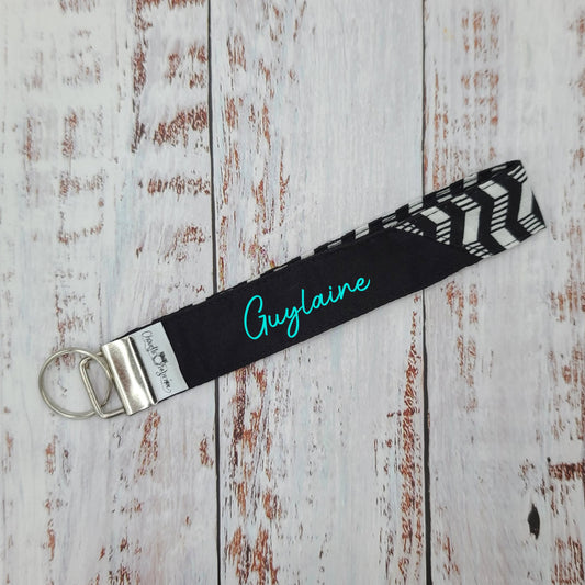 Porte-clé - PERSONNALISÉ - Dragonne - Poignet - Motifs chevrons NR/BC - Bande noire