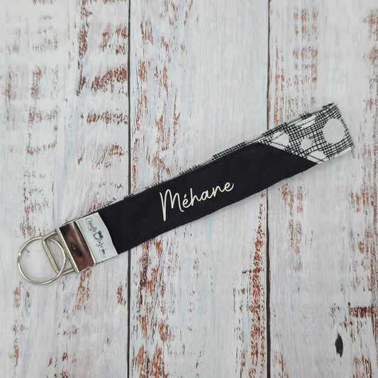 Porte-clé - PERSONNALISÉ - Dragonne - Poignet - Motifs géométriques - Cercles noirs et blancs - Bande noire