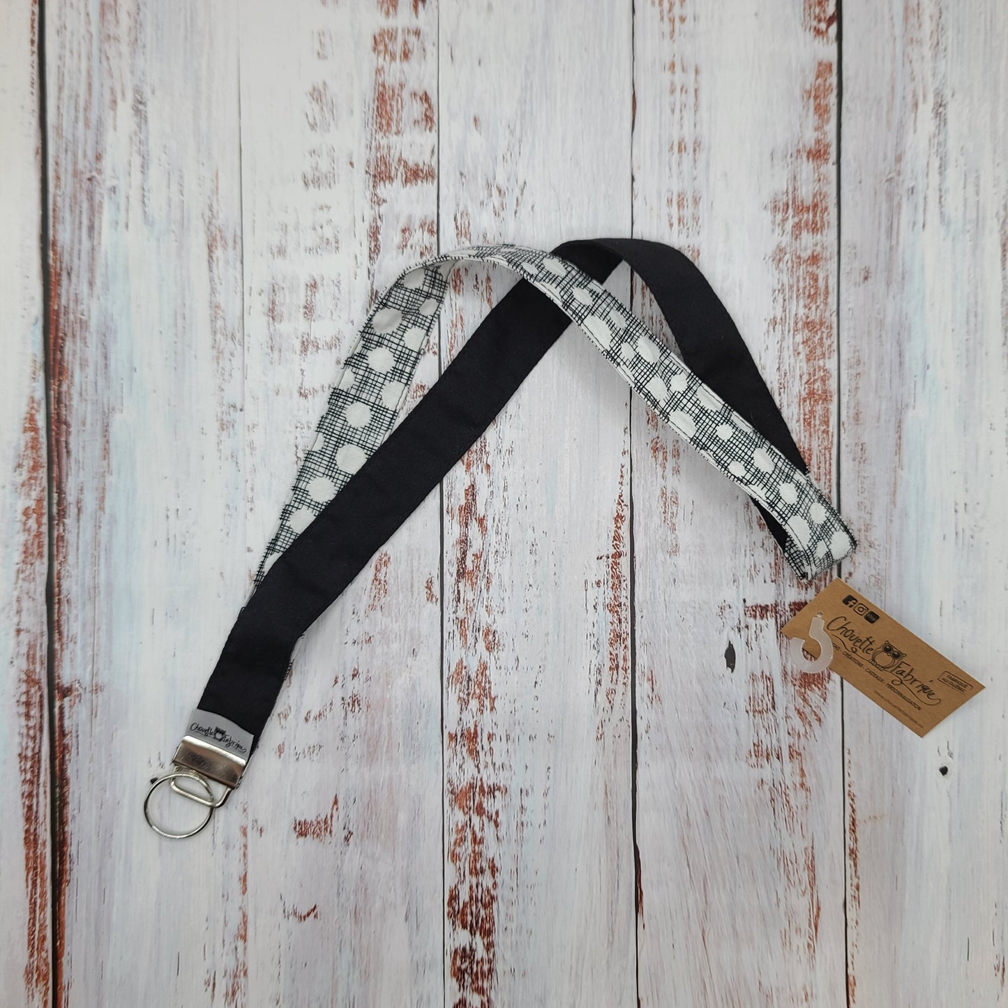 Porte-clé personnalisé (Prénom, Nom, Petite pensée, Enseignants, Merci) - Dragonne - Géométrique Cercles blanc / Hachuré noir - Bande Noire