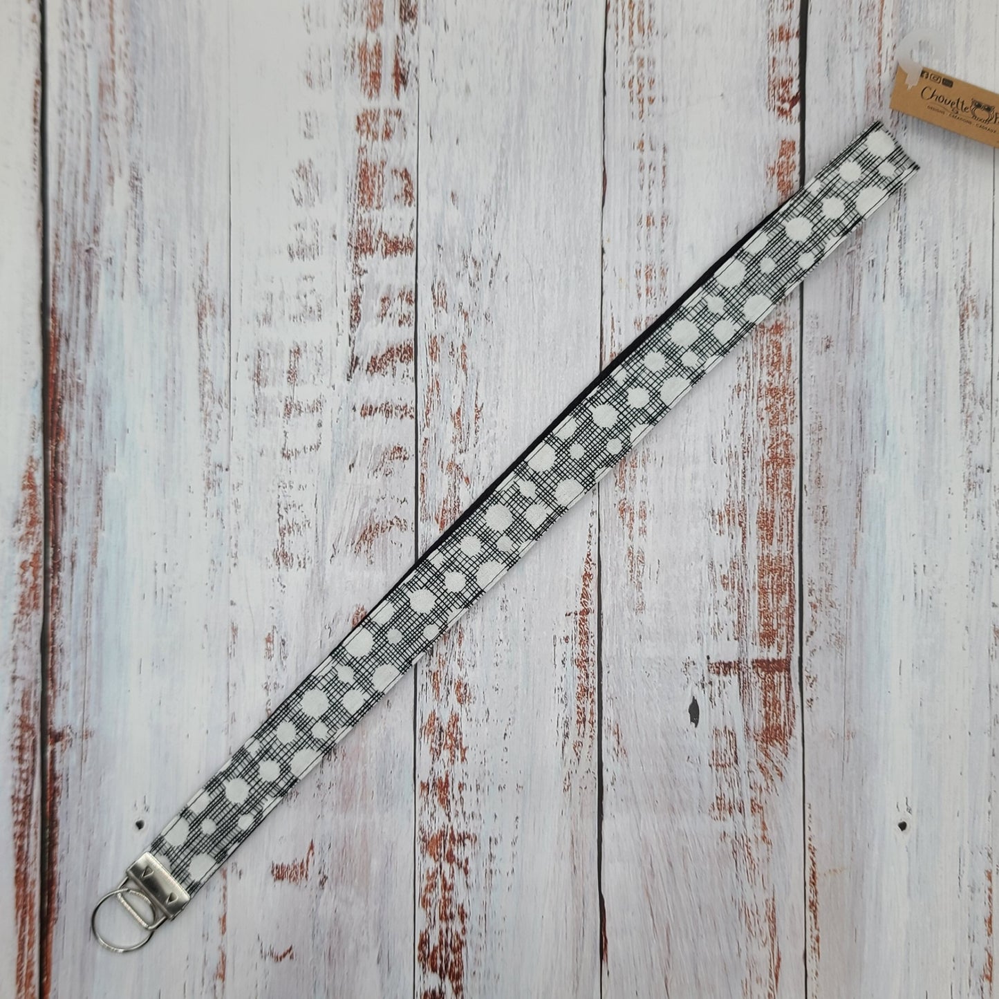 Porte-clé personnalisé (Prénom, Nom, Petite pensée, Enseignants, Merci) - Dragonne - Géométrique Cercles blanc / Hachuré noir - Bande Noire